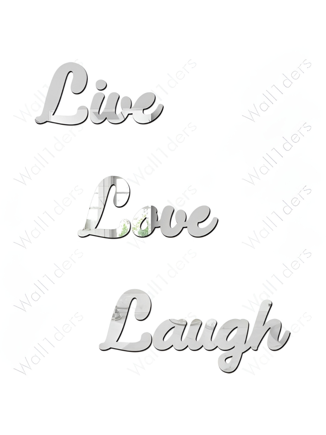 Wall1ders Silvet Toned 3 Pieces Acrylic Live Love Laugh Mirror Wall Stickers