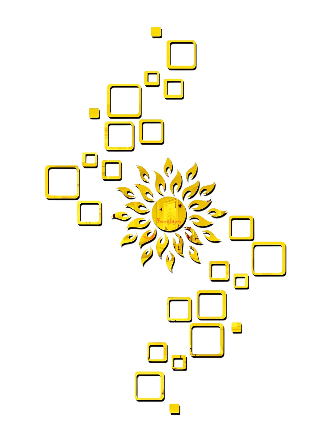 Wall1ders Gold Toned 49 Pieces Acrylic Sun With Square Mirror Wall Stickers
