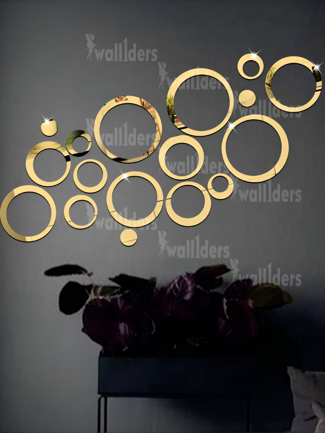 Wall1ders Gold Toned 18 Pieces Round Shaped Mirror Wall Stickers