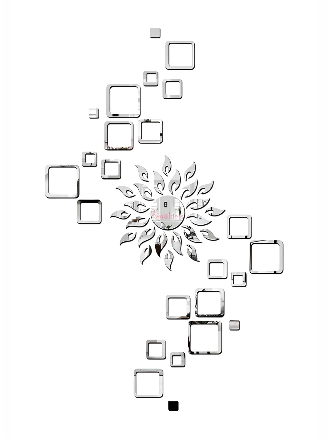 Wall1ders Silver Toned 49 Pieces Sun With Square Mirror Wall Stickers