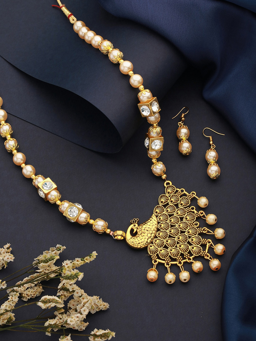 Aadvik Designs Gold-Plated Stone Studded & Beaded Necklace &  Earrings