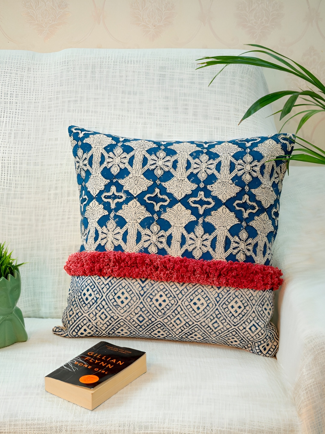 ABSTRACT INDIA Abstract Blue Ethnic Motifs Cotton Textured Square Cushion Cover -18x18In