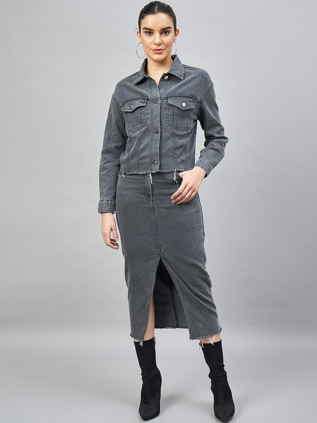 Chemistry Washed Effect Denim Jacket with Front Slit Pencil Skirt