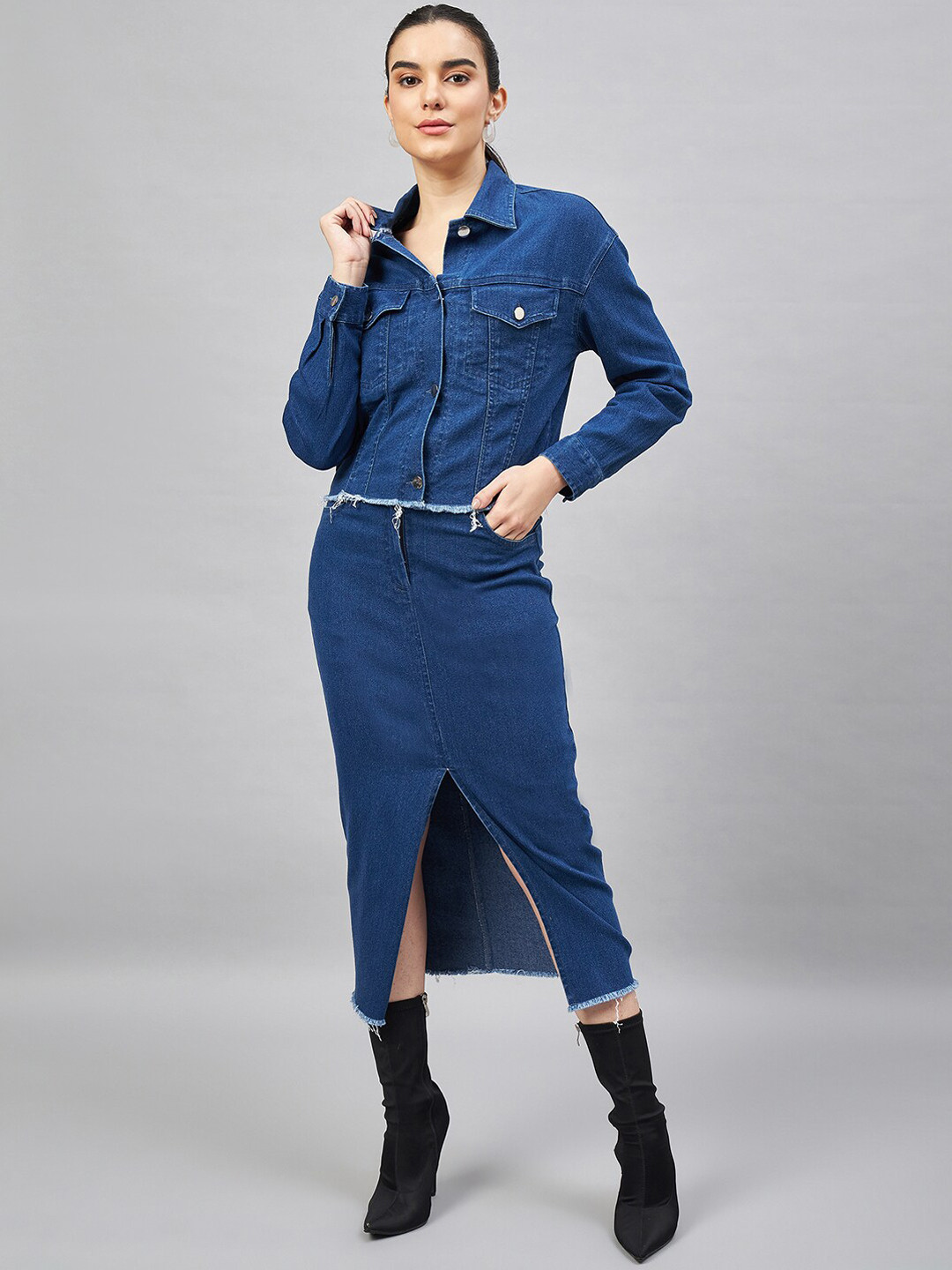 Chemistry Denim Jacket With Front Slit Pencil Skirt Co Ords