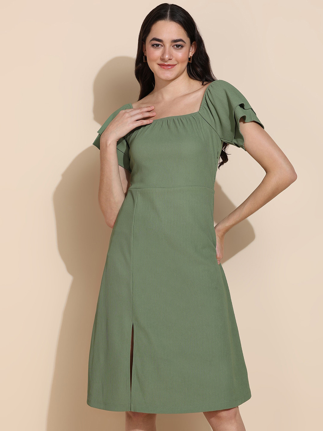 DressBerry Olive Green Self Designed Flutter Sleeves A-Line Dress