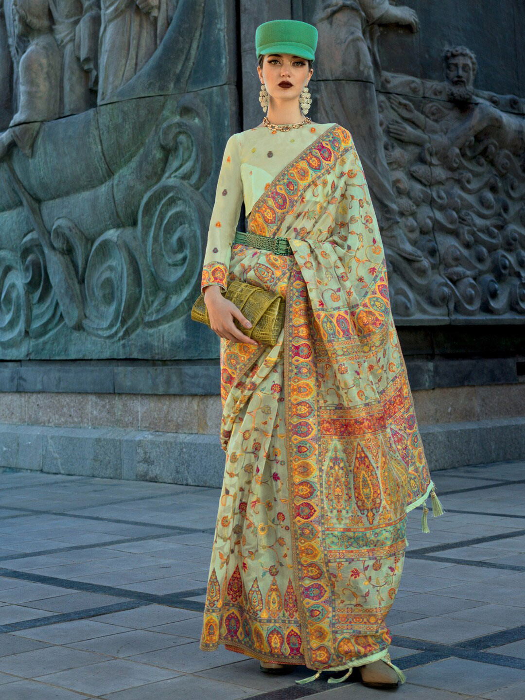 Mitera Green Ethnic Motifs Woven Design Organza Banarasi Saree