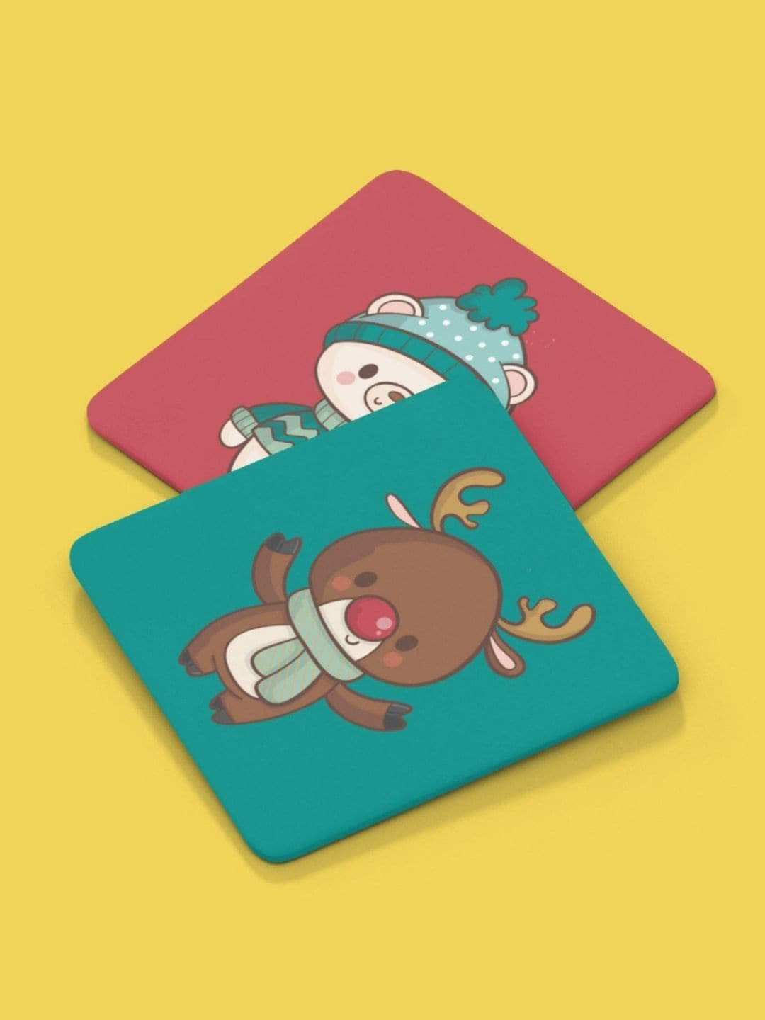 THEYAYACAFE Red & Green 6 Pieces Christmas Tree Printed Acrylic Table Coasters