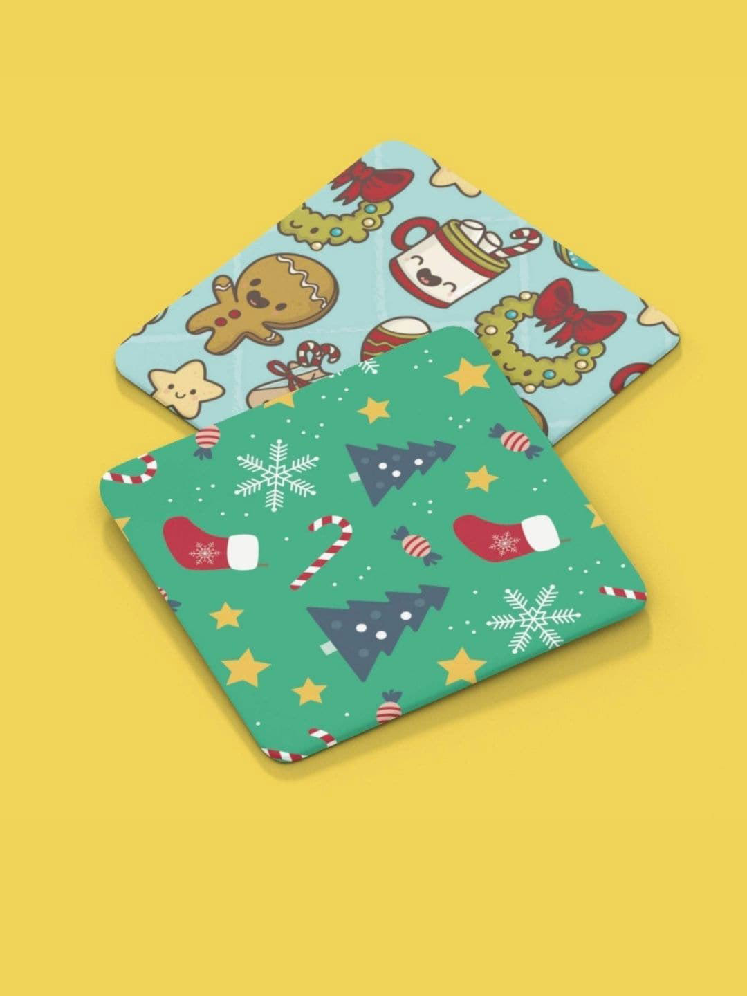 THEYAYACAFE  Red & Green 6 Pieces Santa Clause Reindeer Printed Acrylic Table Coasters