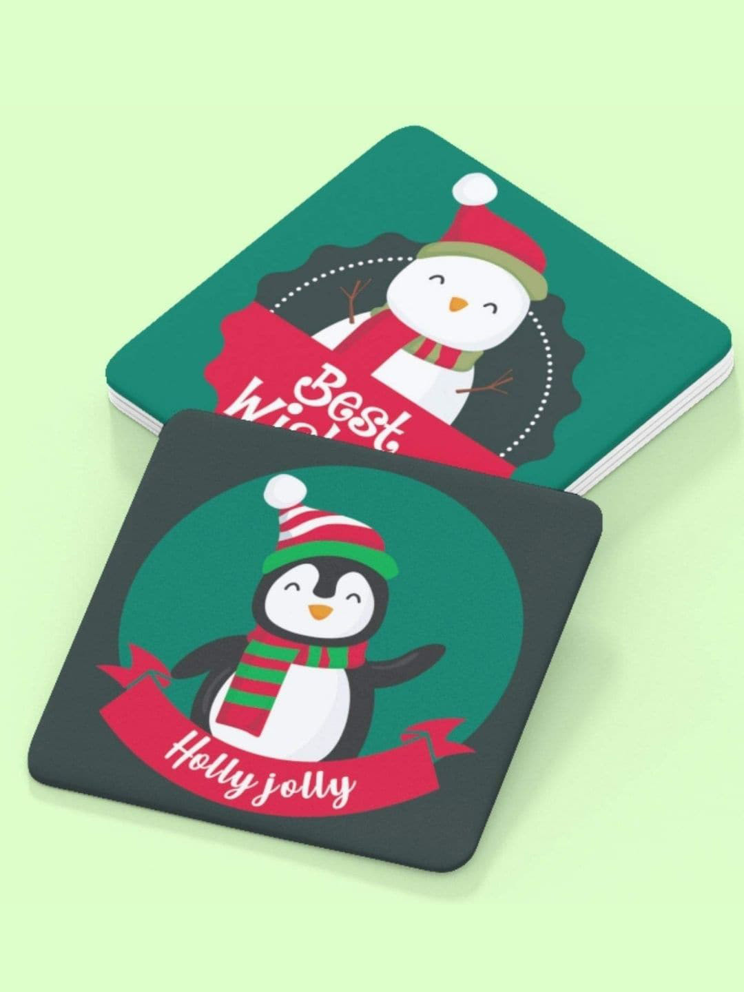 THEYAYACAFE Green & Red 4 Pieces Christmas Xmas Bell Printed Acrylic Table Coasters
