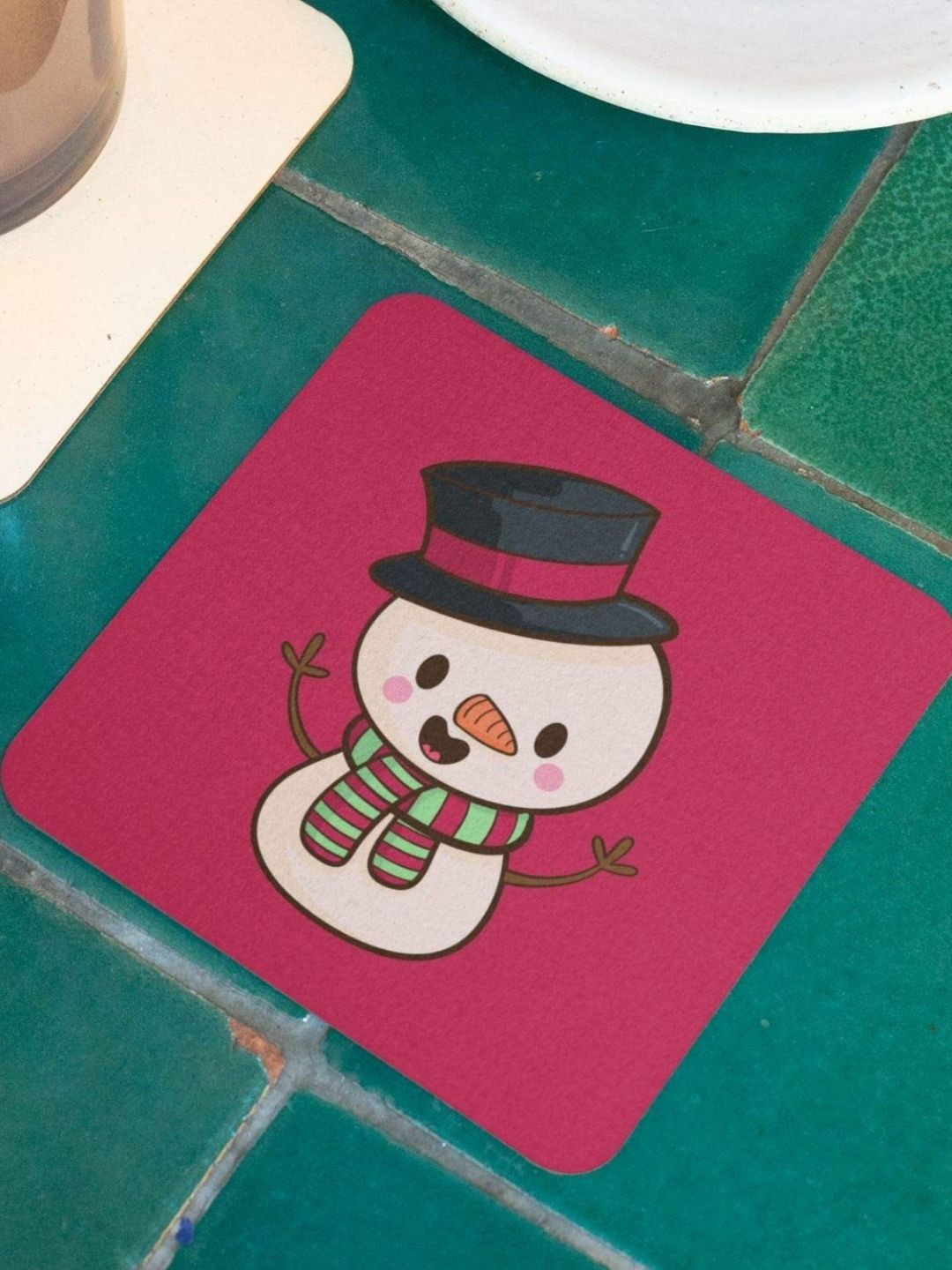 THEYAYACAFE Red & Green 4 Pieces Merry Christmas Printed Acrylic Table Coasters