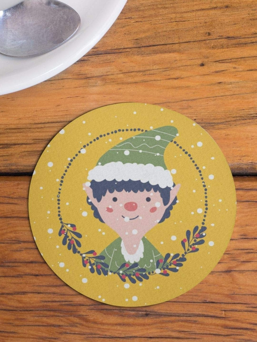 THEYAYACAFE Orange & Green 4 Pieces Santa Printed Acrylic Table Coasters