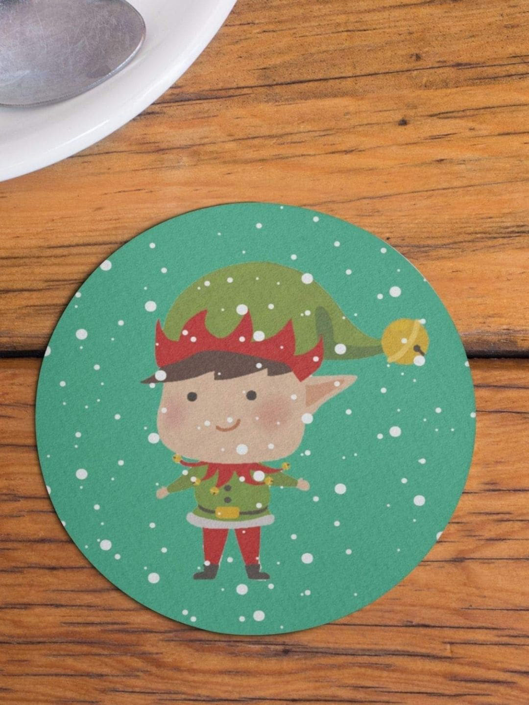 THEYAYACAFE Green & Red 4 Pieces Santa Clause Printed Round Acrylic Table Coasters