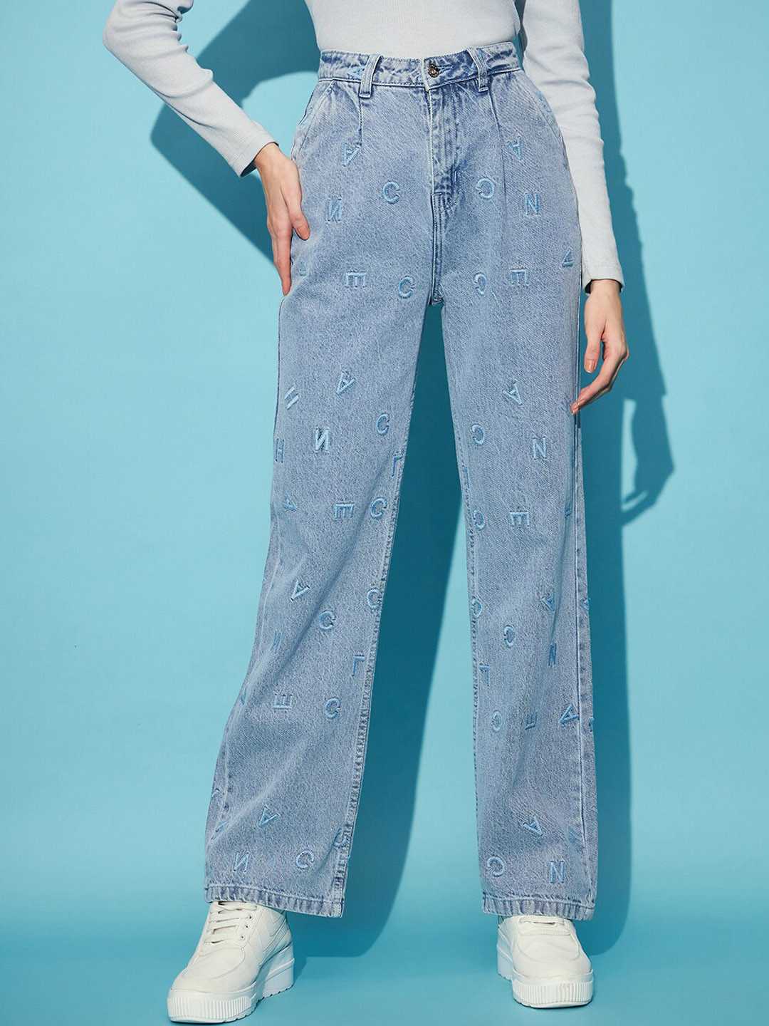 STREET 9 Women Blue Embroidered Clean Look Straight Fit High-Rise Pure Cotton Jeans