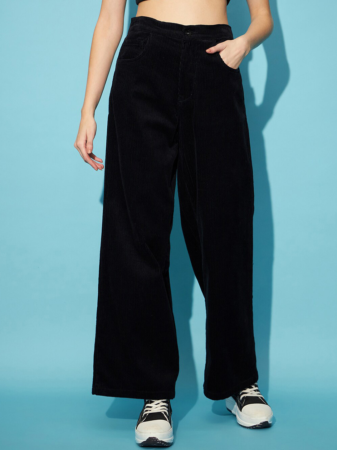 STREET 9 Women Black High-Rise Corduroy Parallel Wide Leg Trousers