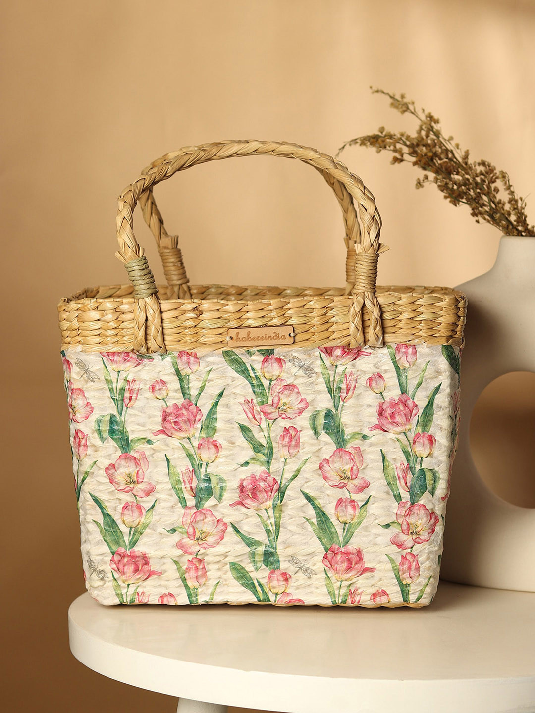 HABERE INDIA Tulips Printed Shopper Jute Handheld Bag