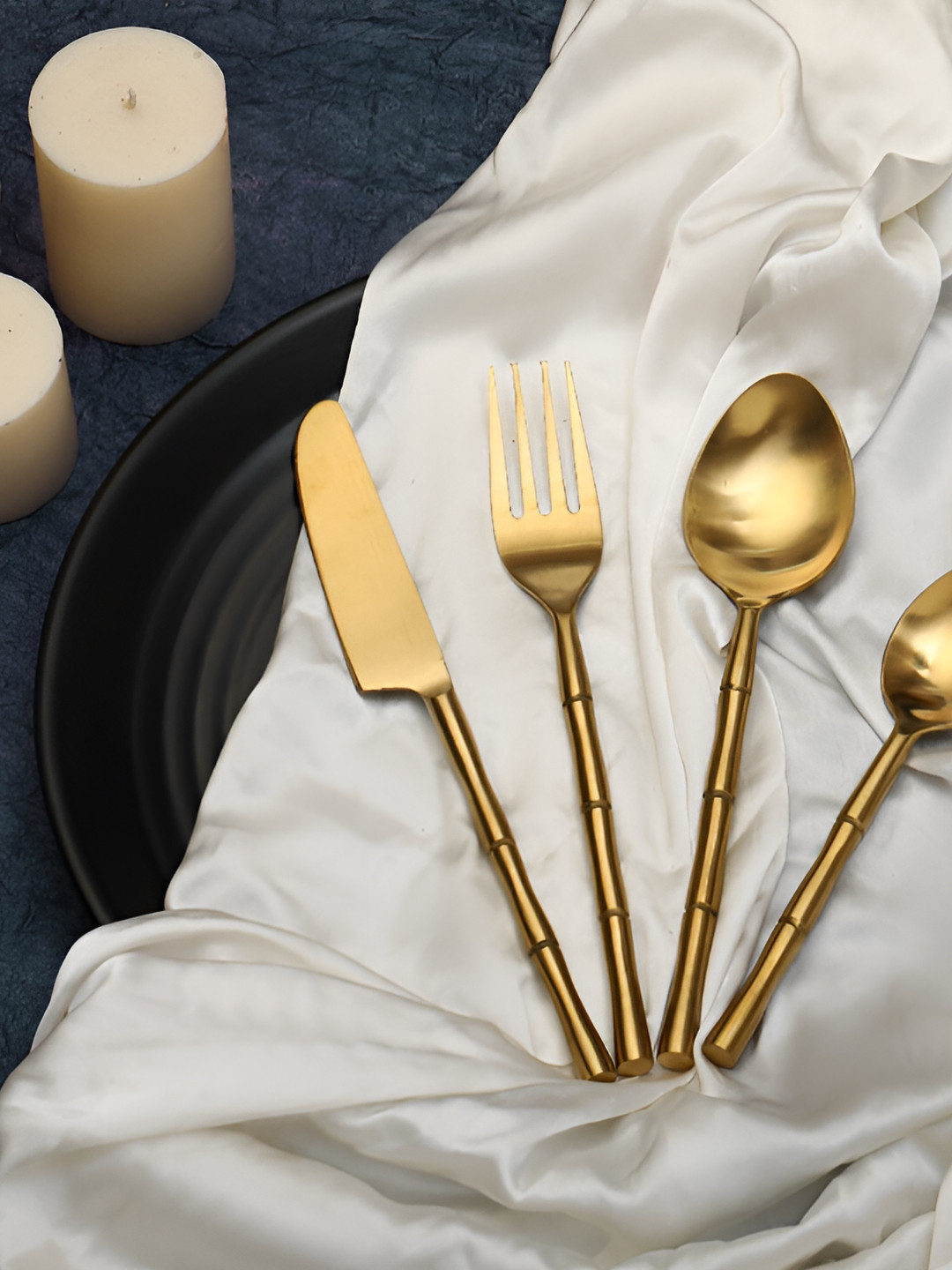 Decor de Maison Bamboo Elegance Gold Toned 4 Pcs  Textured Stainless Steel Cutlery Set