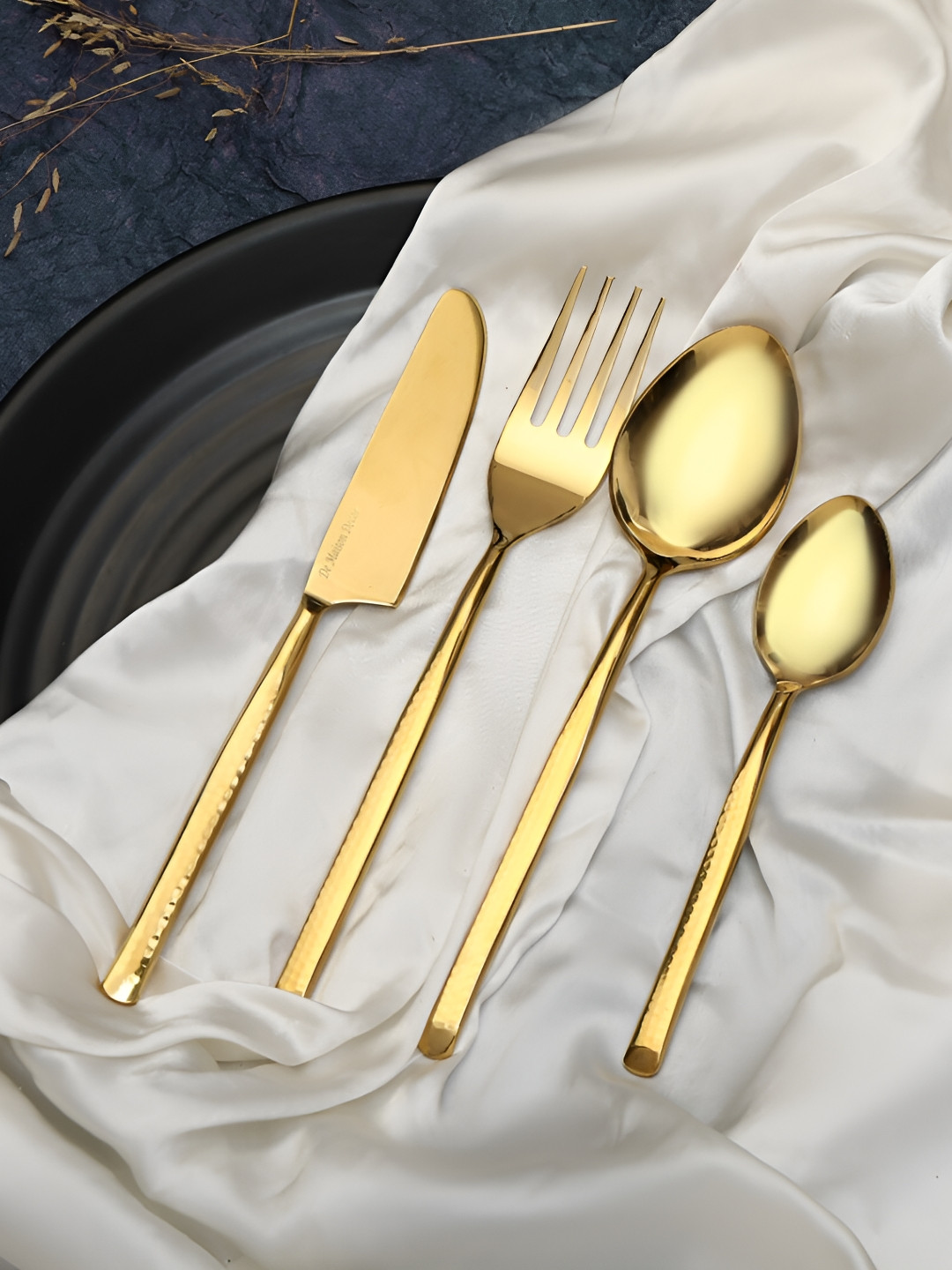 Decor de Maison Artisan Dot Gold Toned 24 Pieces Hammered Stainless Steel Cutlery Set