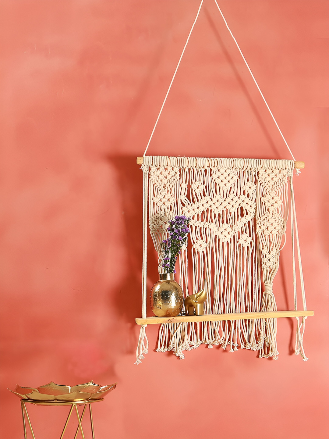 Manor House White Cotton & Wooden Hanging Wall Shelf