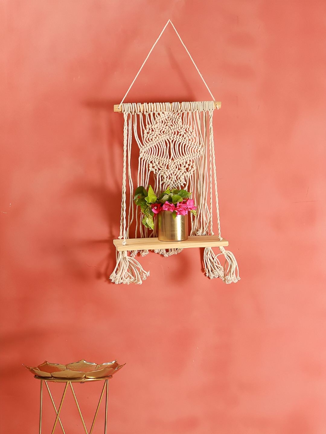 Manor House Beige Cotton & Pine Wood Wall Shelf