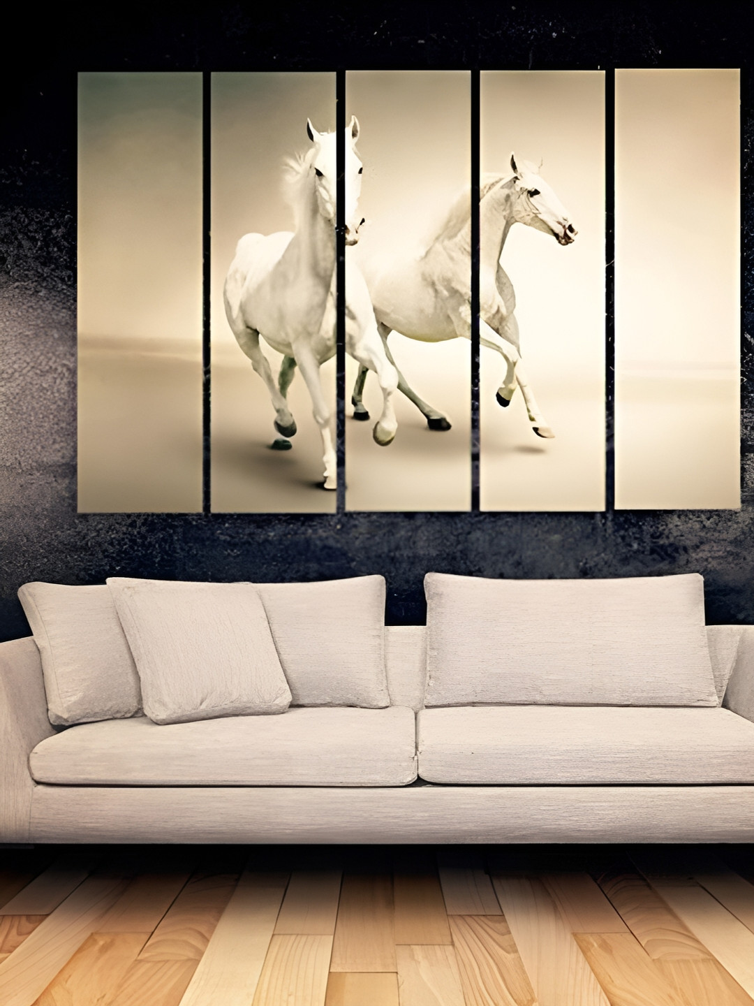 Casperme Off White & Black 5 Pieces Wooden Horses Painting Wall Arts
