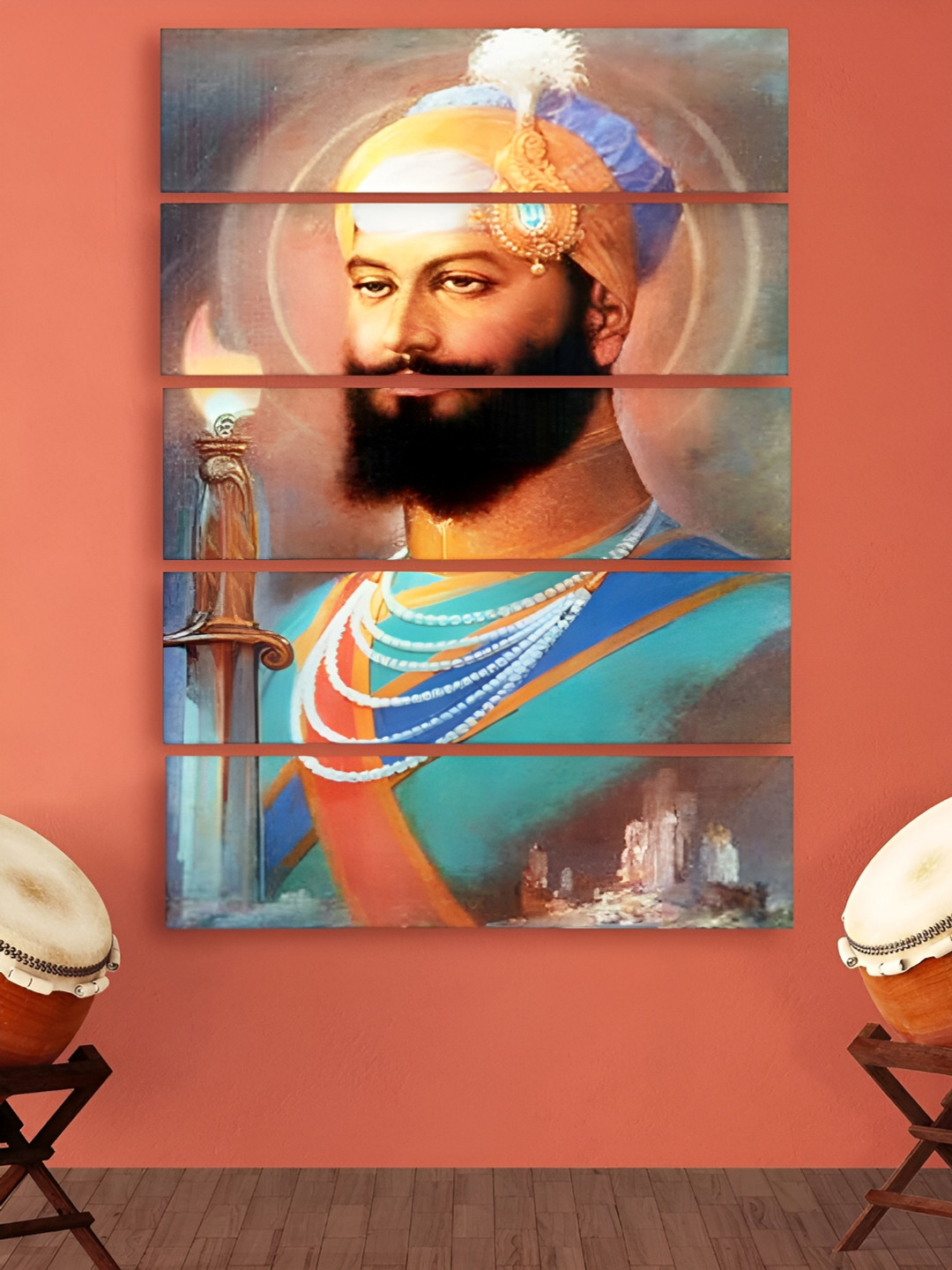 Casperme Orange & Blue 5 Pieces Wooden Guru Govind ji Painting Wall Arts