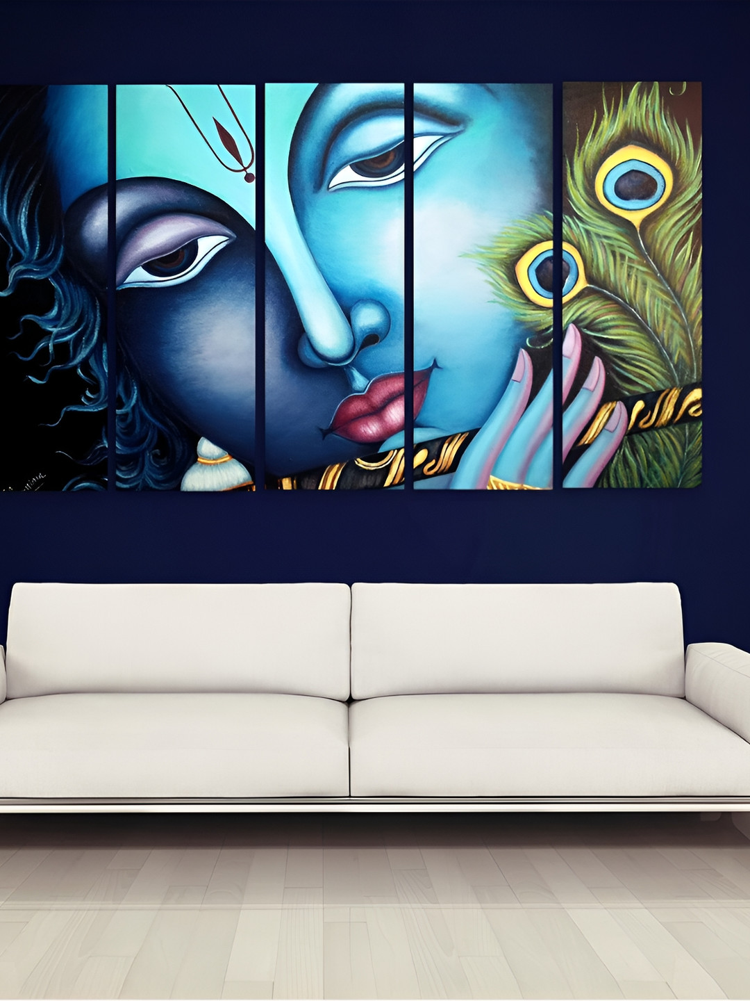 Casperme Blue & Green 5 Pieces Wooden Krishna Painting Wall Arts