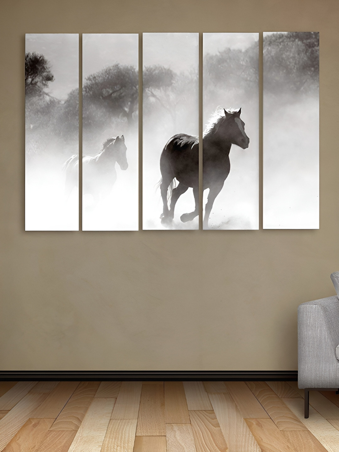 Casperme Grey & Black 5 Pieces Wooden Horses Painting Wall Arts