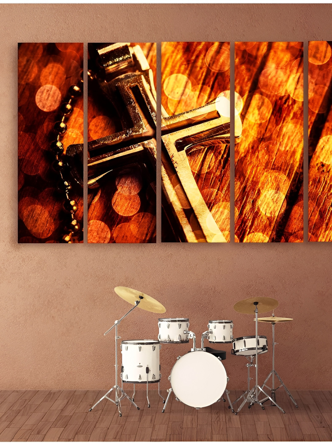 Casperme Gold Toned & Brown 5 Pieces Jesus Cross Wooden Paintings Wall Arts