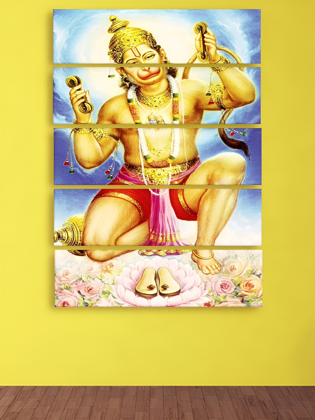 Casperme Lord Hanuman Wood 5 Pcs Living Room Rectangle Paintings Wall Art -1.21 x 30In