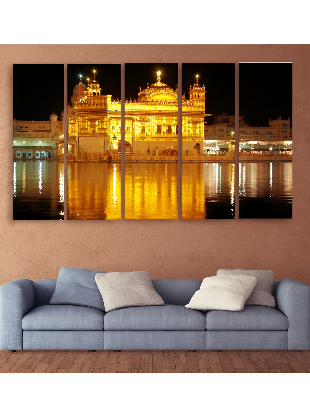 Casperme Gold Toned & Black 5 Pieces Wooden Golden Temple Paintings Wall Arts