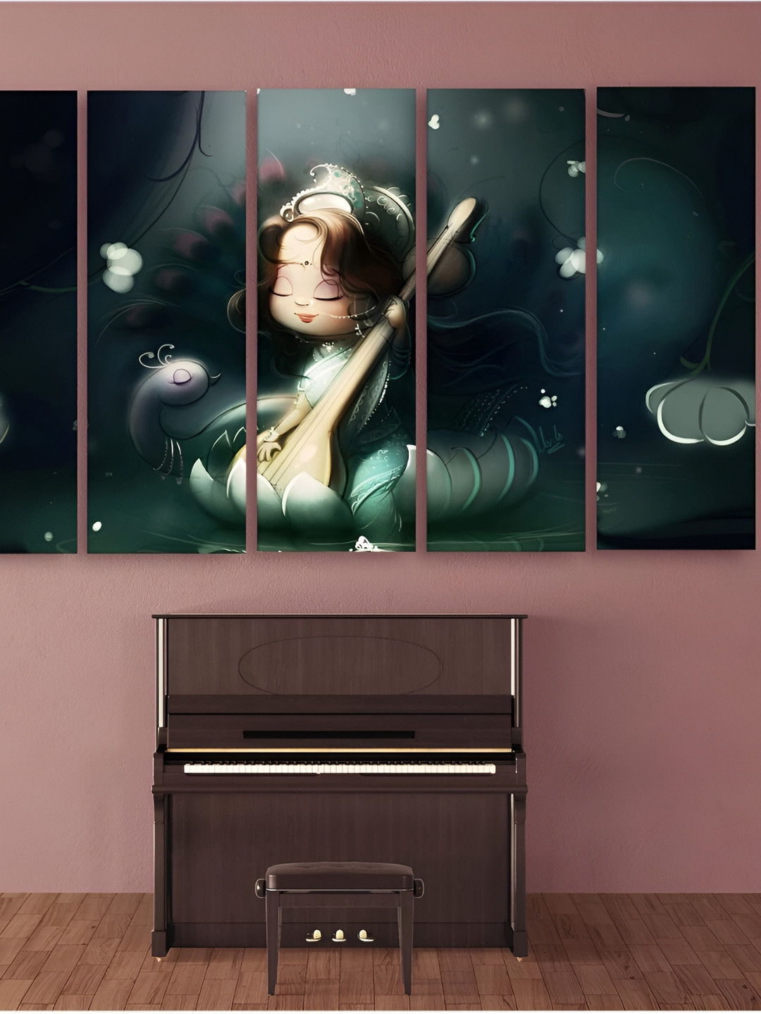 Casperme White & Green 5 Pieces Maa Saswati Wooden Paintings wall Arts