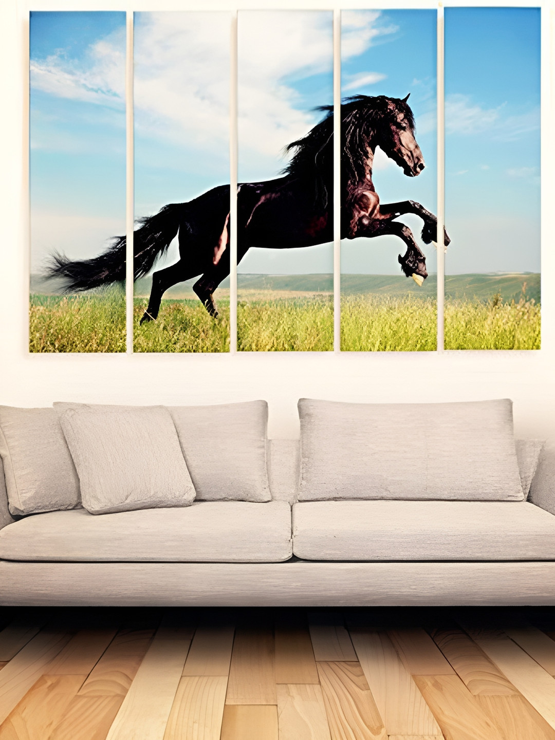 Casperme Brown & Blue 5 Pieces Wooden Horse Paintings Wall Arts