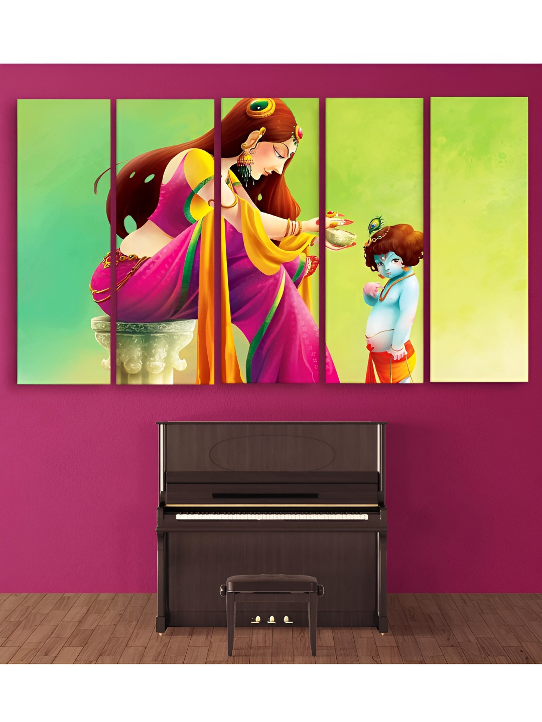 Casperme Pink & Yellow 5 Pieces Krishna Wooden Paintings Wall Arts
