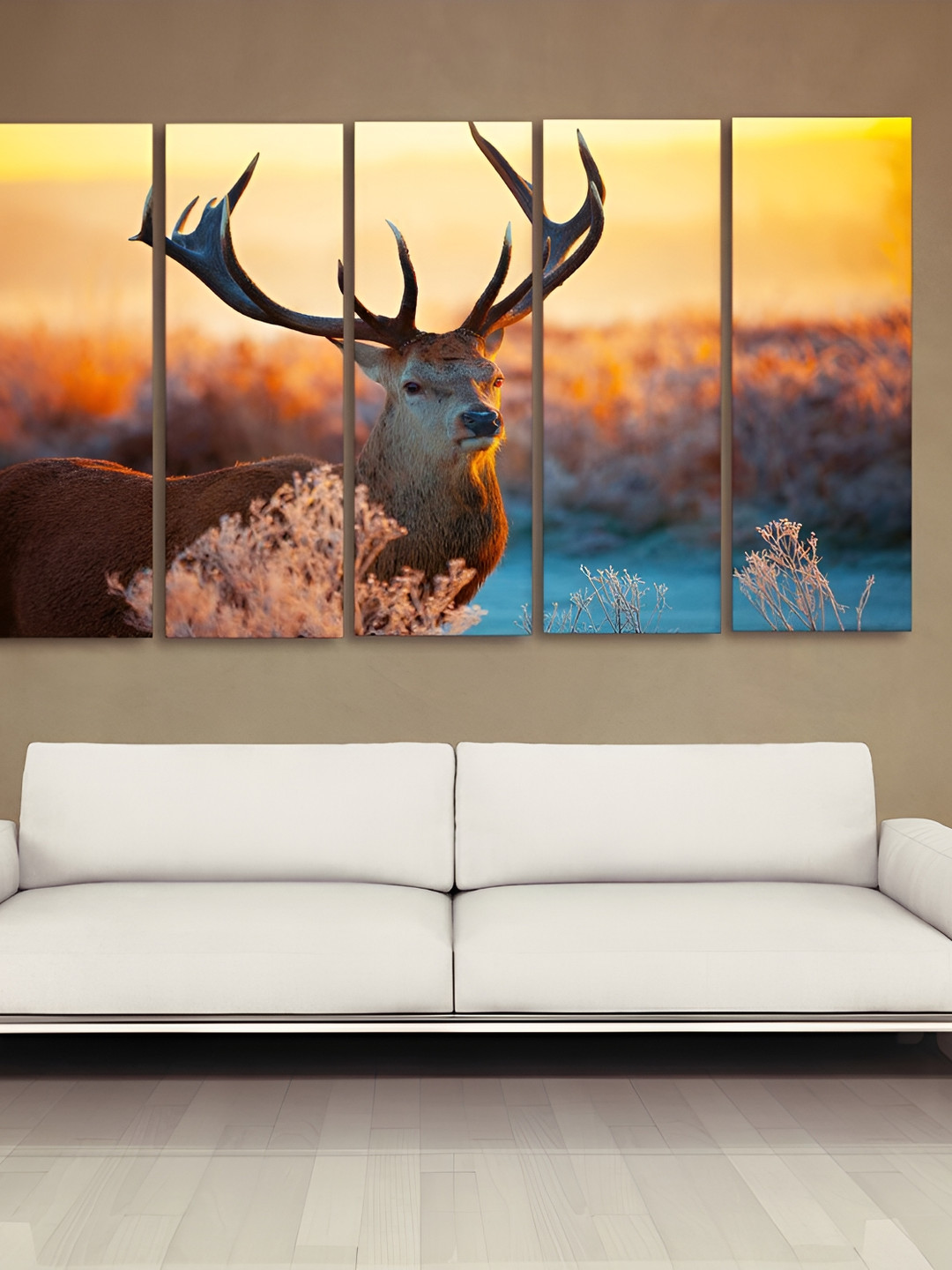 Casperme Brown & Yellow 5 Pieces Wooden Deer Paintings Wall Arts