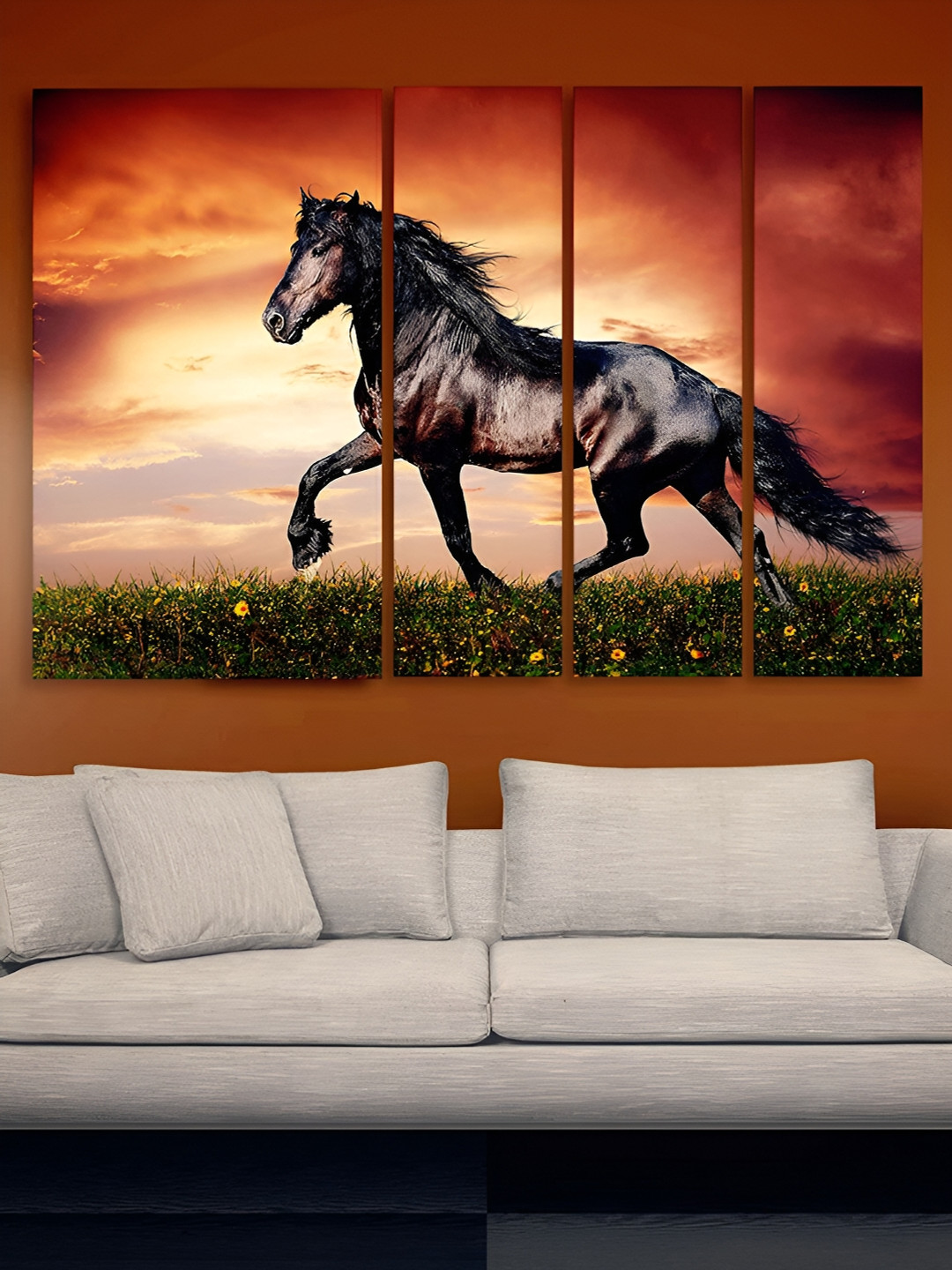 Casperme Horse Black Wood 4 Pcs Wall Living Room Rectangle Paintings Wall Art -1.21 x 30In