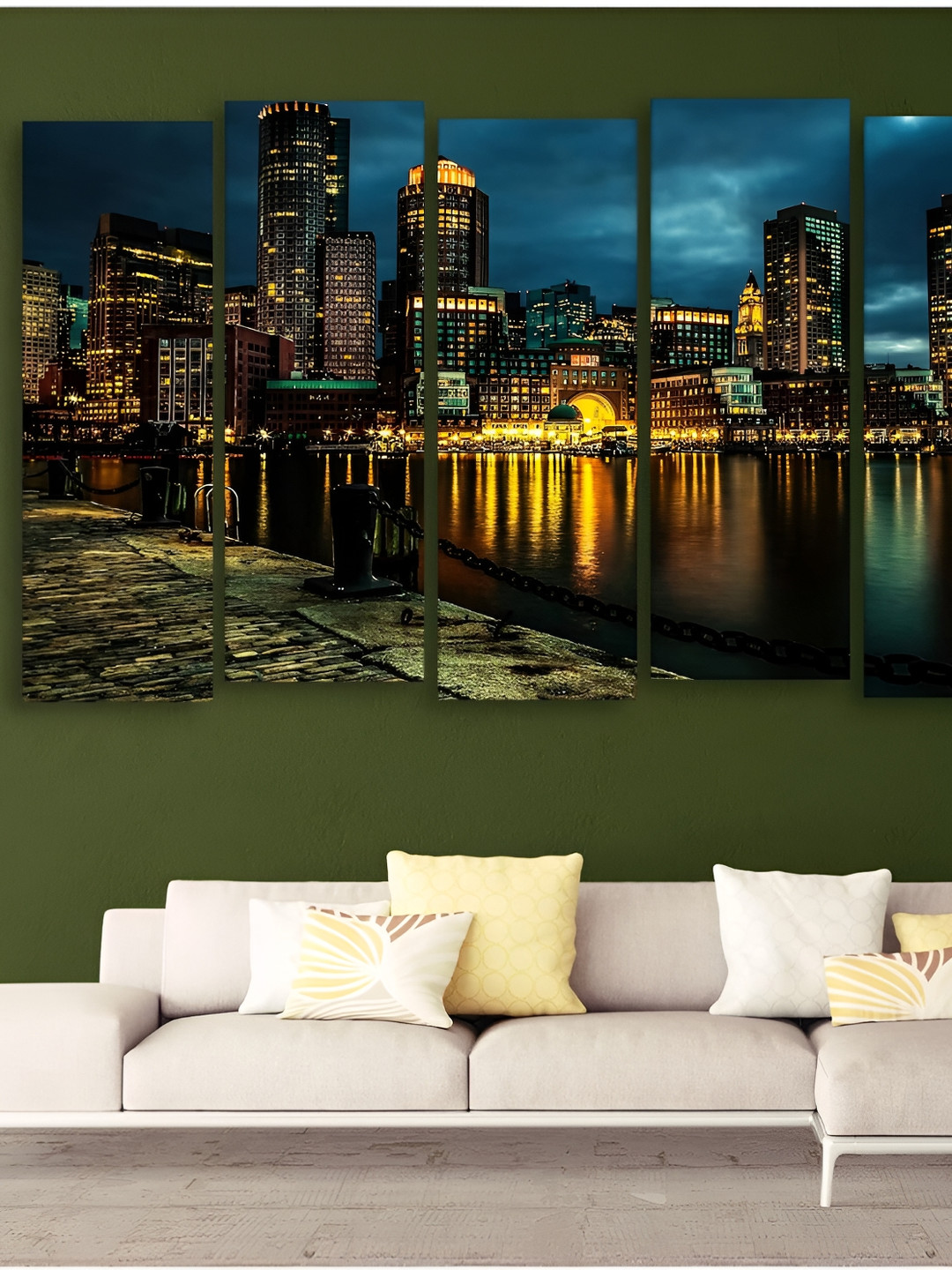 Casperme Blue & Black 5 Pieces Skyline Wooden Paintings Wall Arts