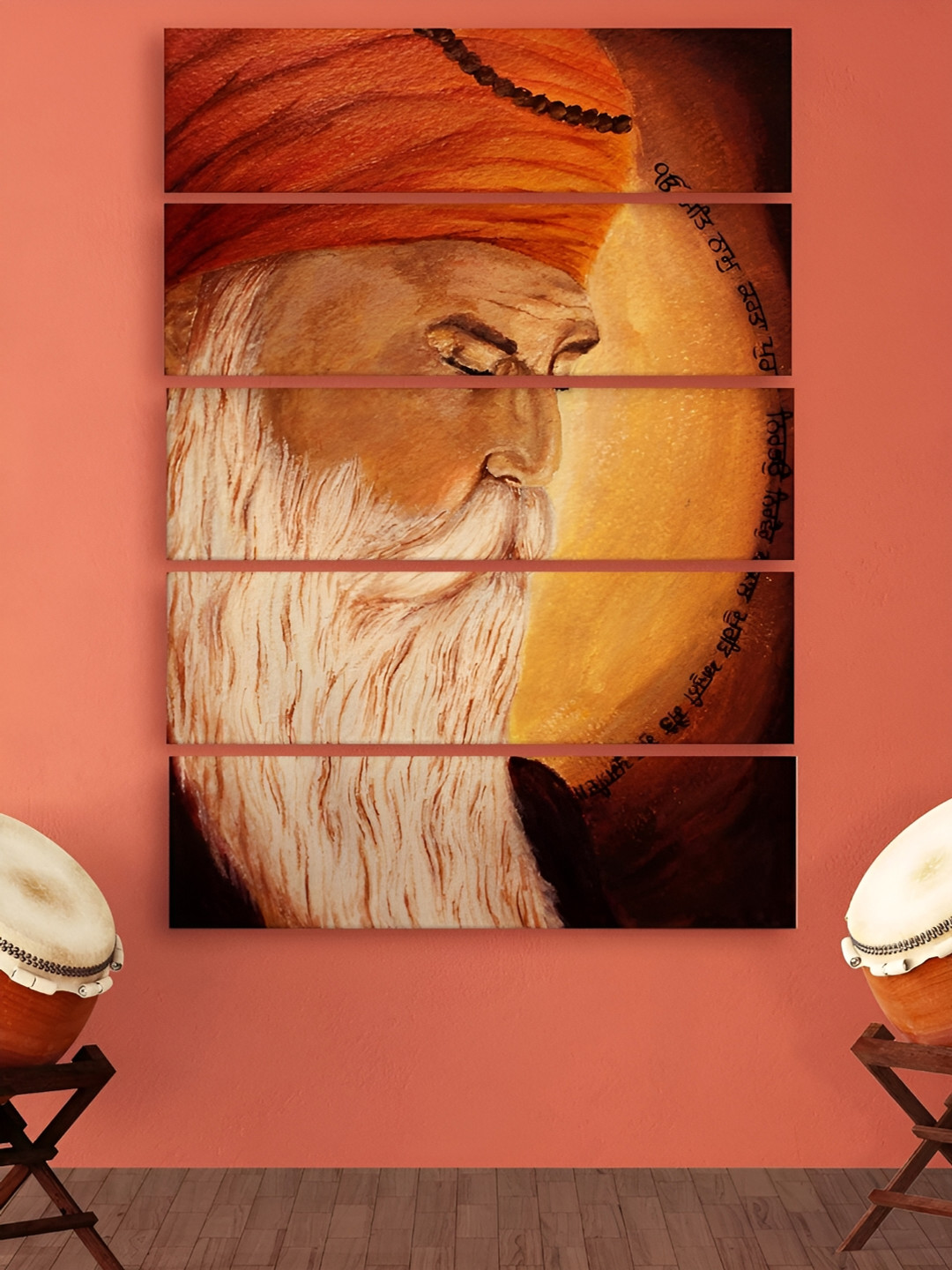Casperme Guru Nanak Ji Wood 5 Piece Wall Rectangle Paintings Wall Art - 48 x 30 In
