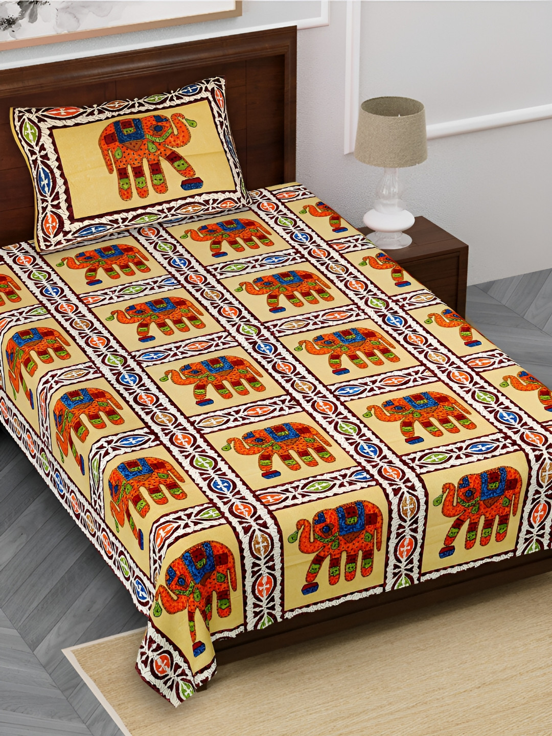 FABROLI Yellow Animal Cotton 240 TC Single Fine Bedsheet with a Pillow Cover-90 x 60 inches