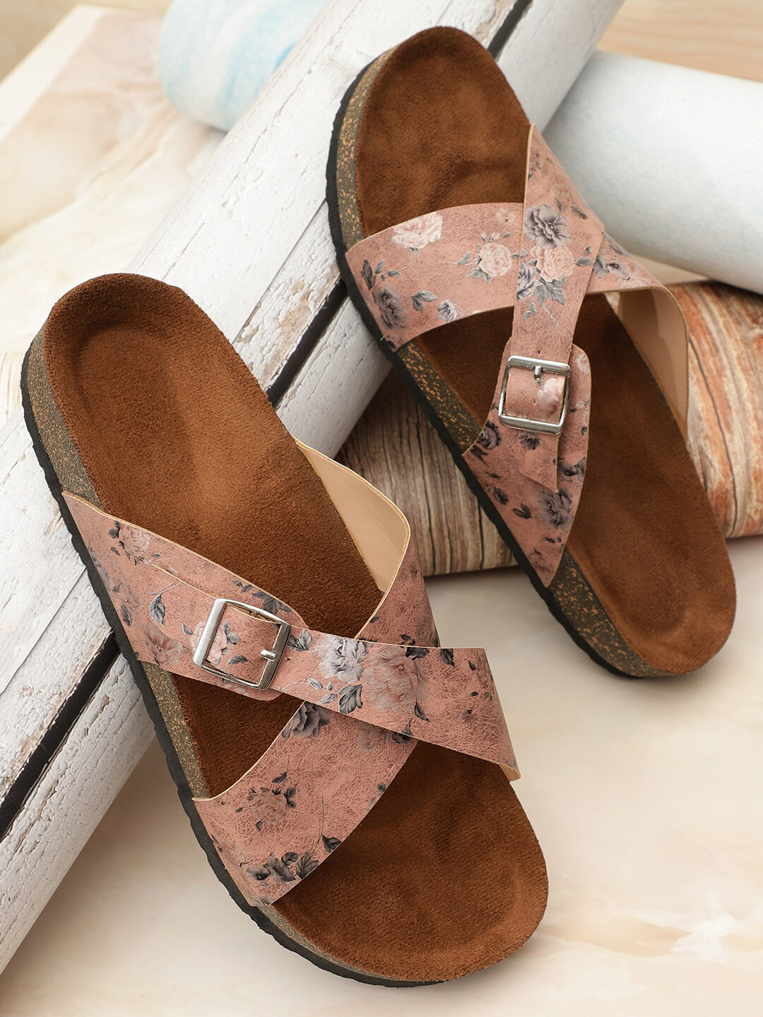MOZAFIA Rose Printed Open Toe Flats With Buckle Detail