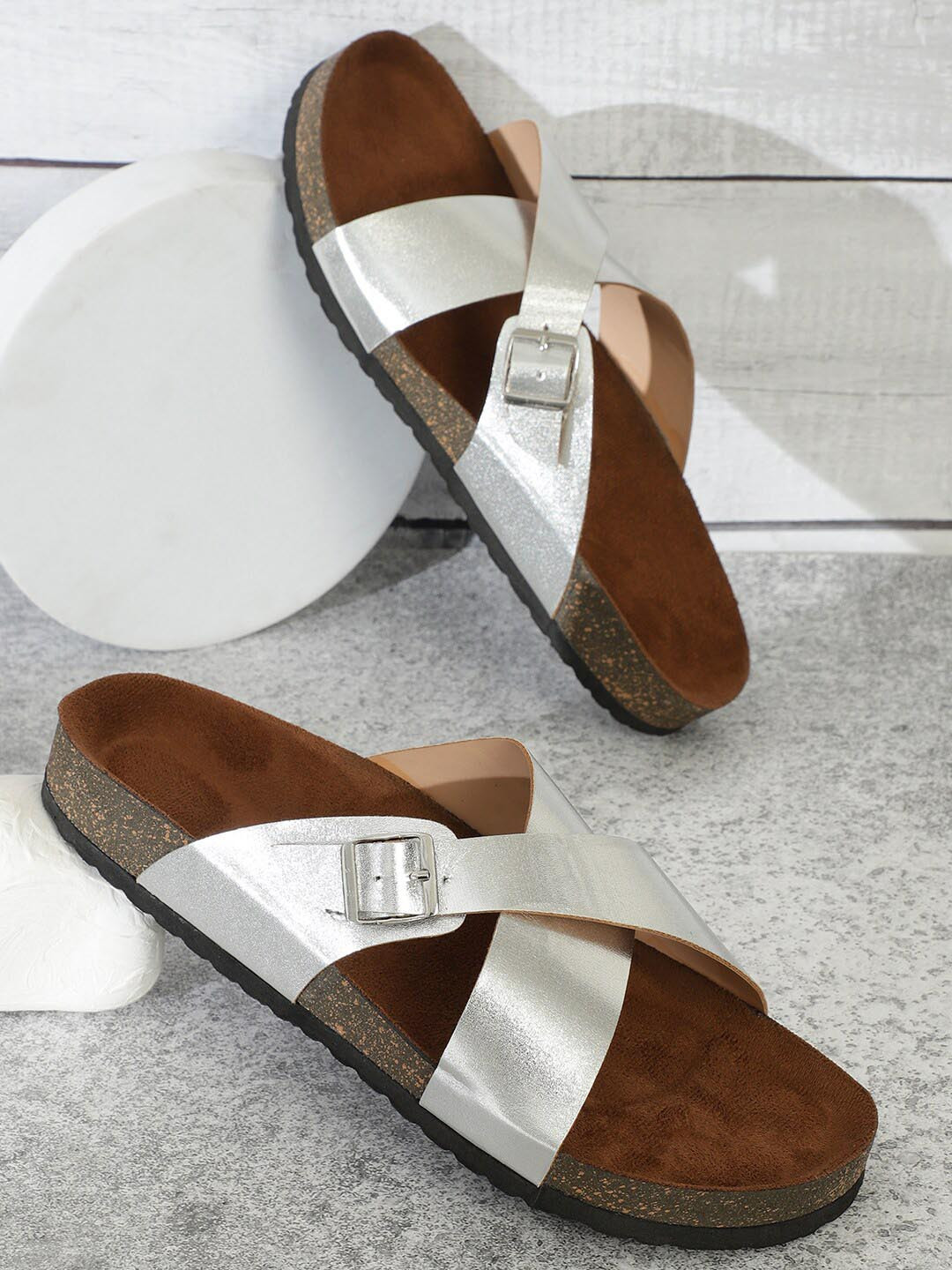 MOZAFIA Textured Open Toe Flats