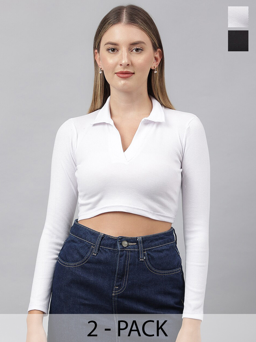 COLOR CAPITAL Pack Of 2 Shirt Collar Cotton Crop Shirt Style Top