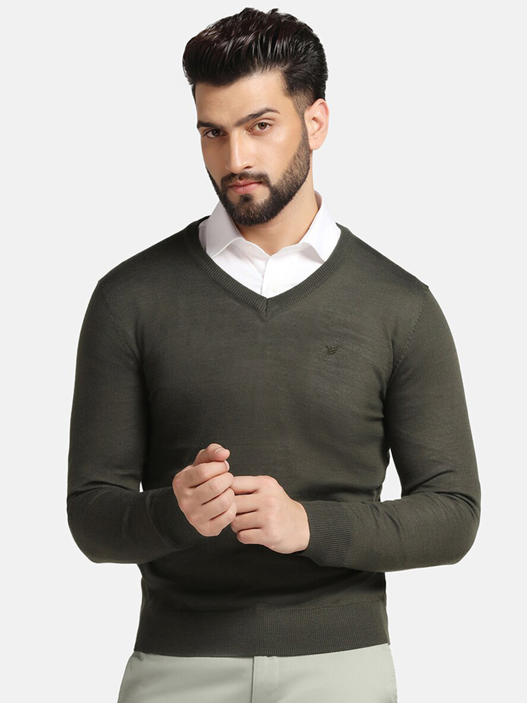 Blackberrys Green V-Neck Pullover Acrylic Sweaters