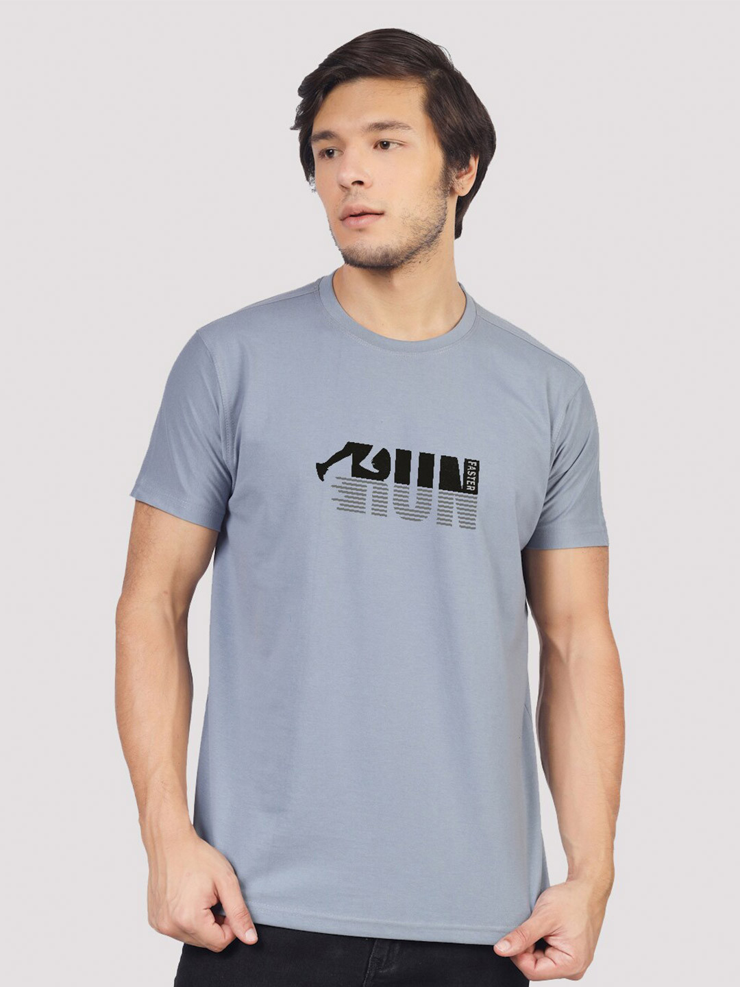 Greylongg Men Printed Grey Cotton Regular Fit Round Neck T-shirt