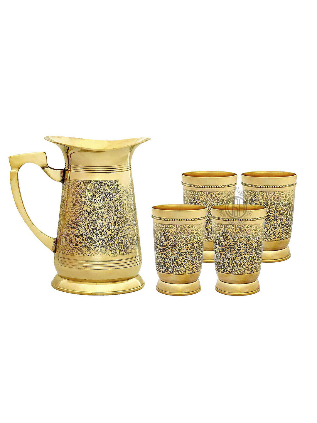 DSH Crafting Your Curiosity Gold Toned 5 Pieces Textured Brass Water Jug With Glasses