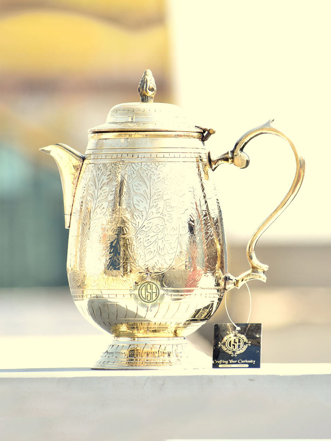 DSH Crafting Your Curiosity Gold Toned Floral Textured Brass Water Jug With Lid 1.4 L