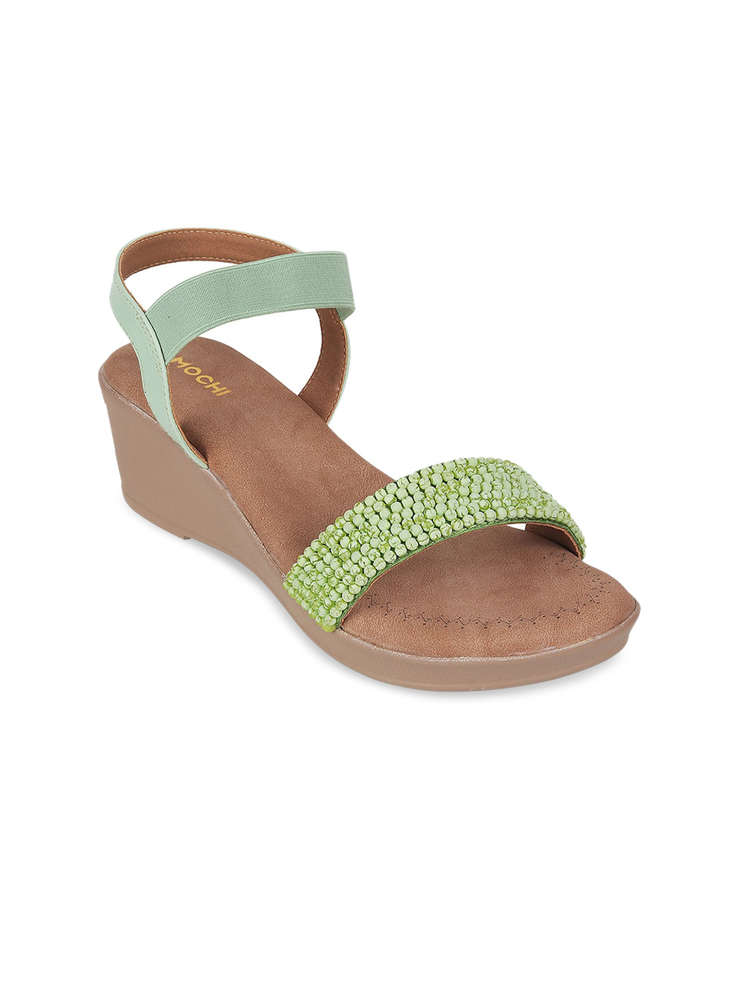 Mochi Embellished Open Toe Wedges With Backstrap
