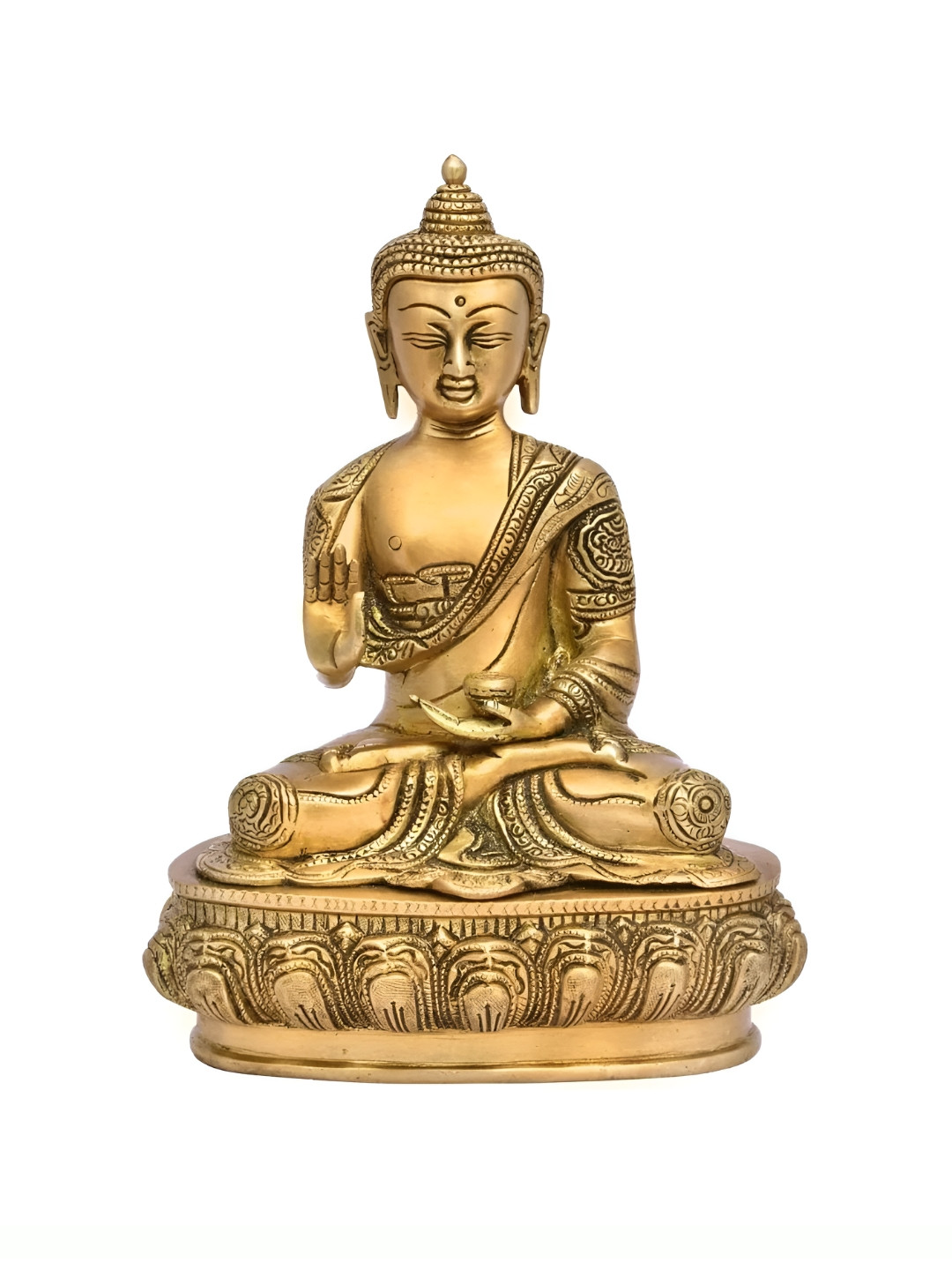 The Advitya Peaceful Sitting Buddha Gold Brass Metallic Prayer Room Medium Showpiece - 10 Inches