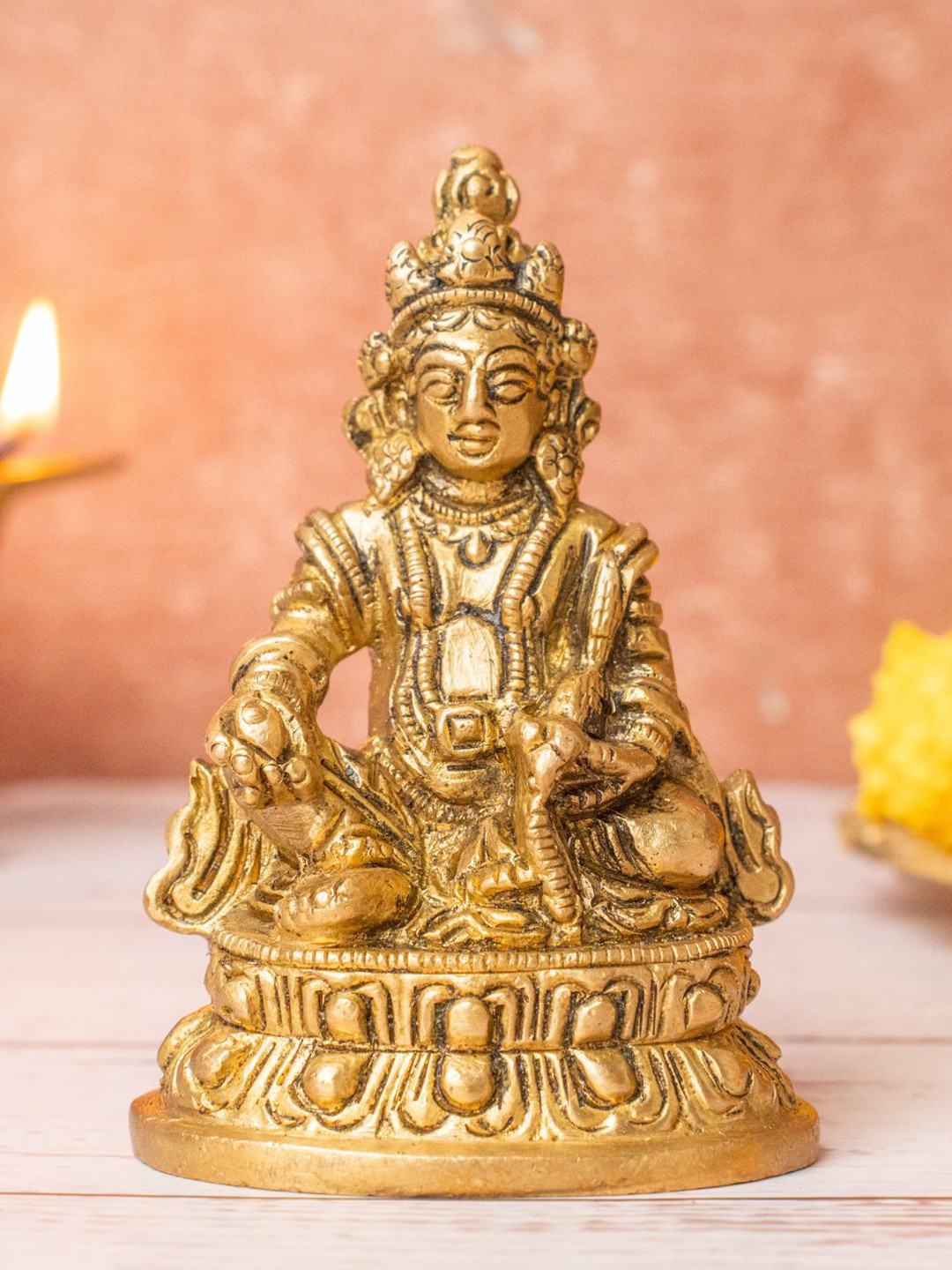The Advitya Sitting Lord Kubera Gold Brass Metallic Prayer Room Small Showpiece - 3.8 Inches