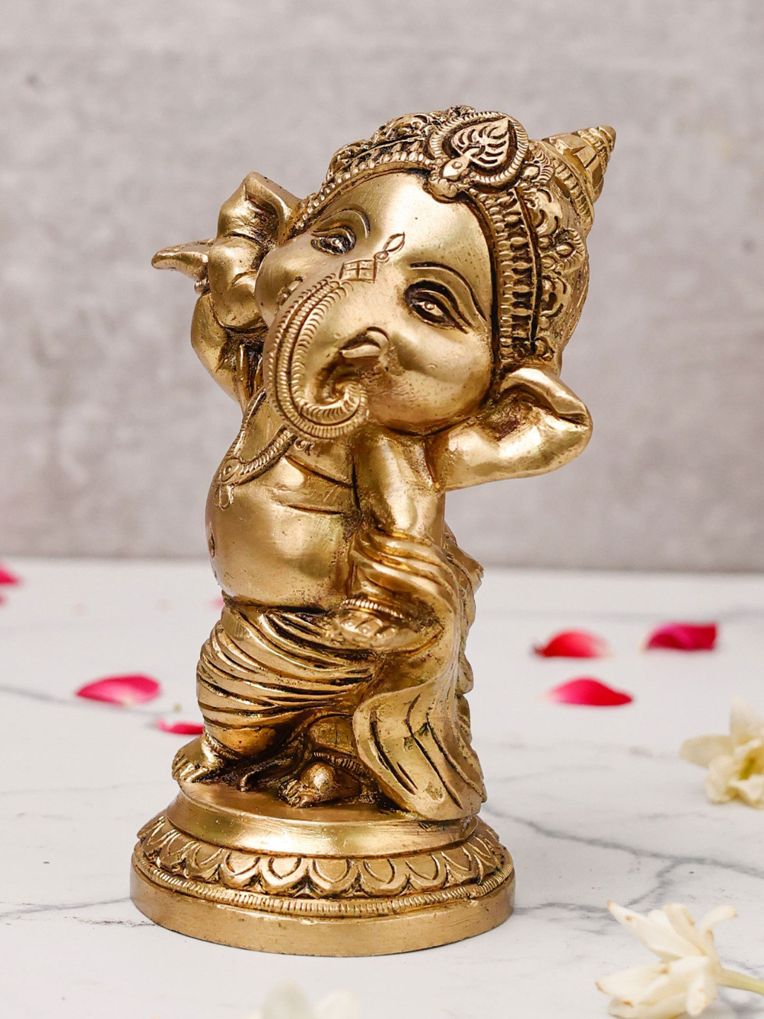 The Advitya Baby Dancing Ganesha Gold Brass Metallic Prayer Room Small Showpiece - 5.5 Inches