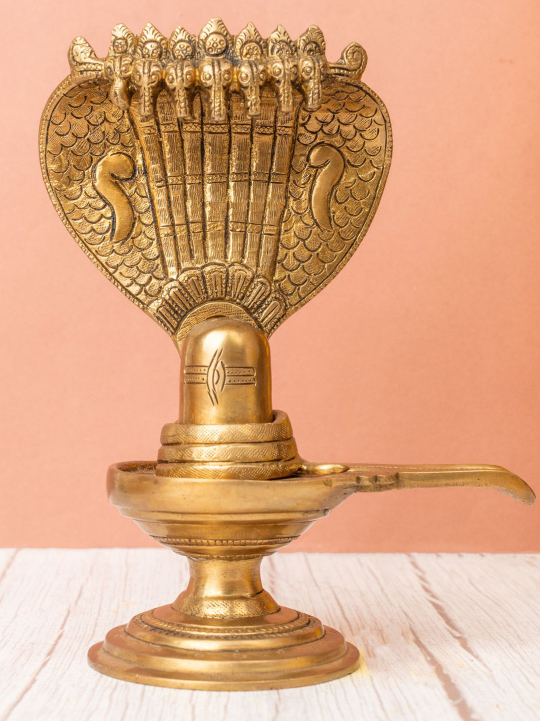 The Advitya Shivling with Seven Headed Snake Gold Brass Metallic Prayer Room Small Showpiece - 8 Inches